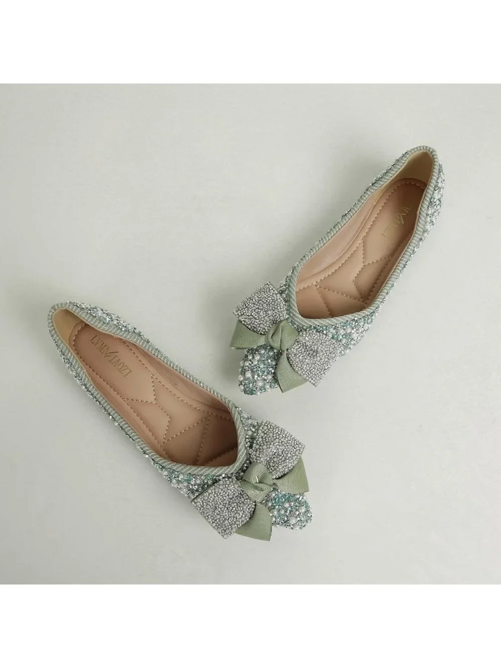 Women's Green Suede Pointed Toe Rhinestone Ballet Flat Slip On Party Dress Shoes